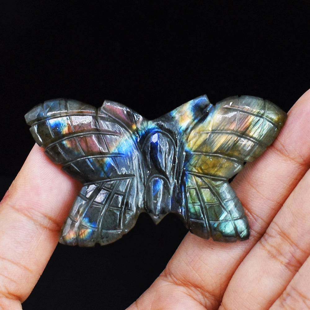 Exclusive  87.00 Carats  Genuine Golden & Blue Flash Labradorite Hand Carved Crystal Gemstone Carving Butterfly