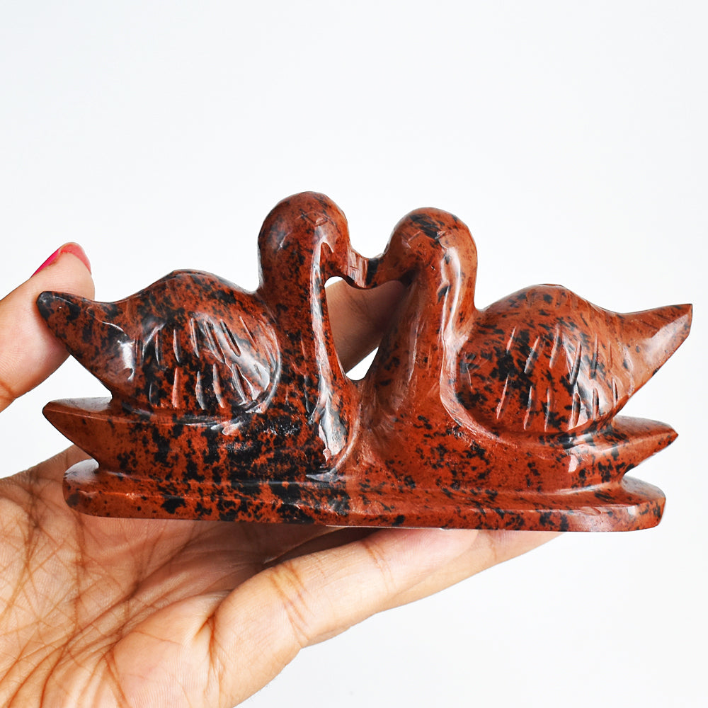 Gorgeous  920.00  Cts  Genuine Mahogany Jasper Hand Carved Crystal Swan Pair Gemstone Carving