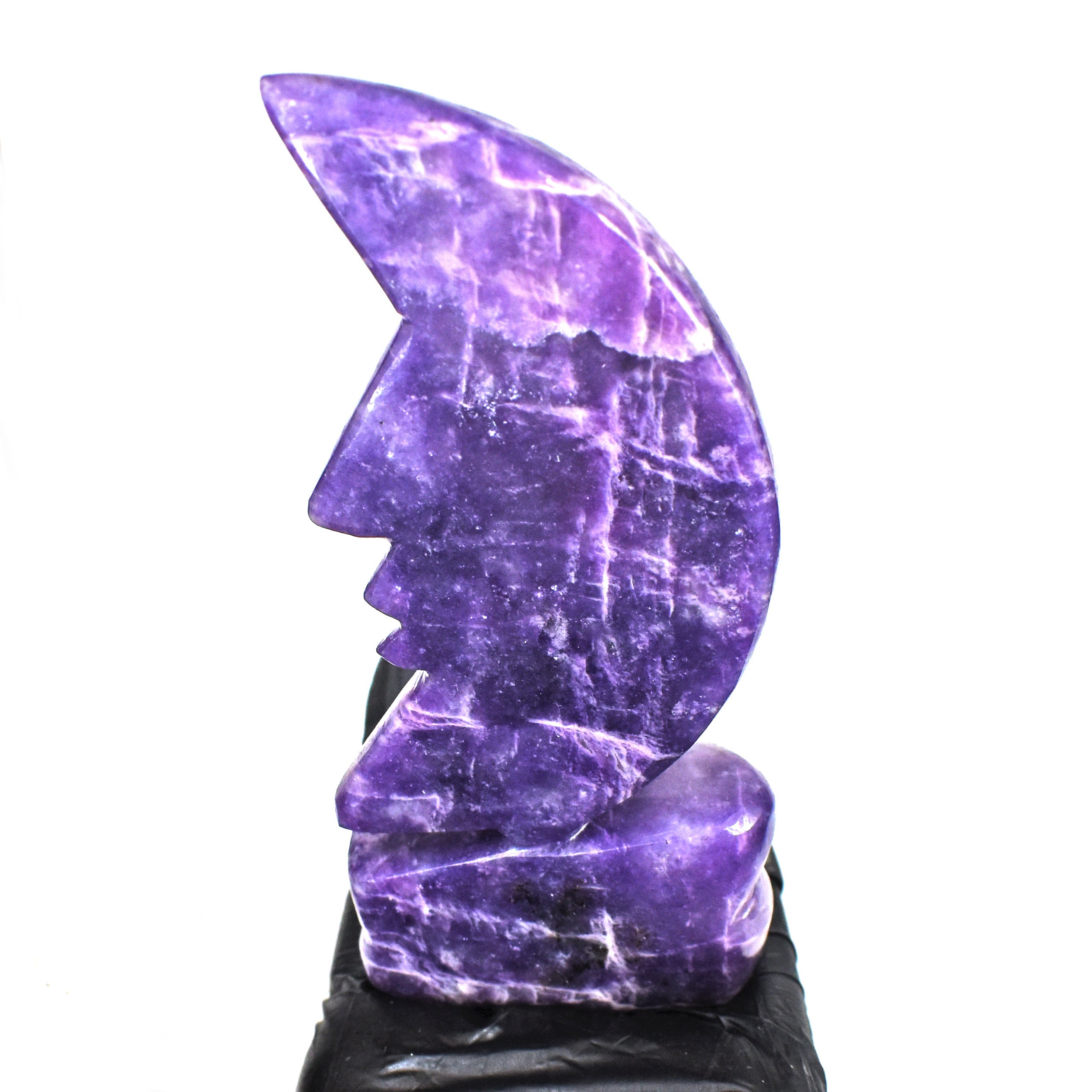 Natural 1419.00 Carats Genuine Chevron Amethyst Moon With Stand Hand Carved Gemstone Carving