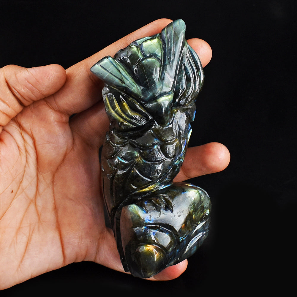 Amazing Flash Labradorite 1480.00 Carats Genuine  Hand Carved Crystal Gemstone Owl Carving