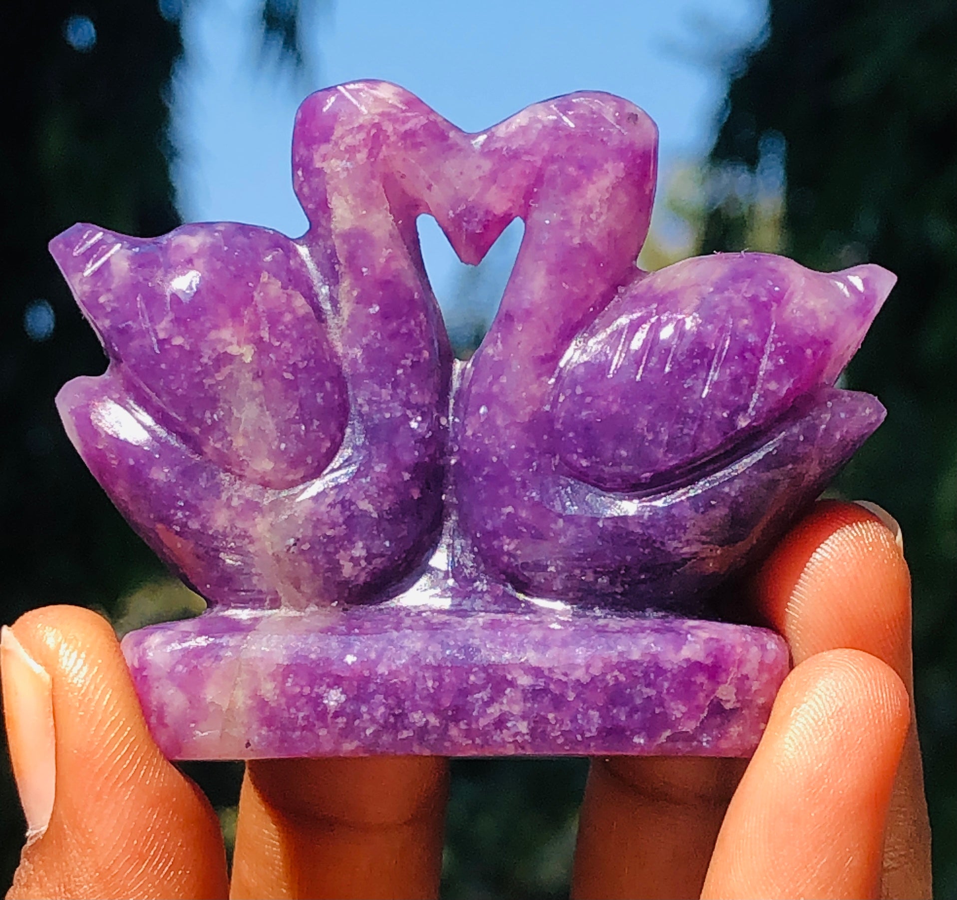 Natural 315.00 Cts Genuine Lepidolite Love Carved Premium Swan Pair