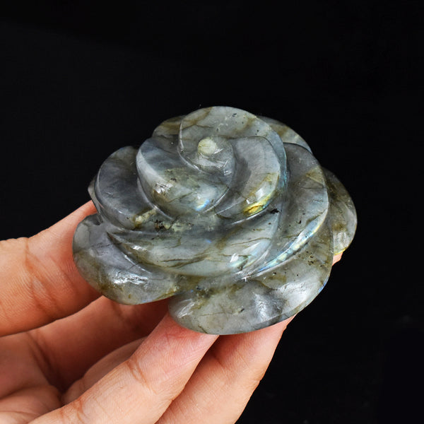 Craftsmen 494.00 Carats  Genuine Golden & Blue Flash Labradorite Hand Carved  Gemstone  Rose Flower Carving