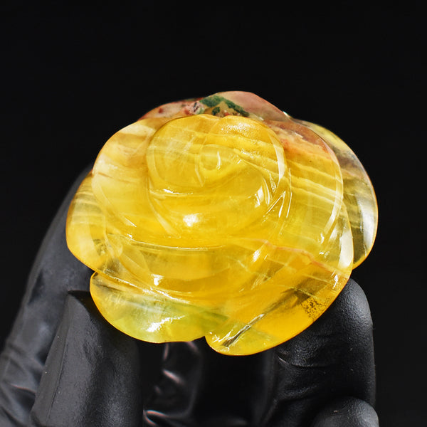 Awesome 267.00 Cts Genuine Yellow Fluorite Hand Carved Rose Crystal Gemstone Carving