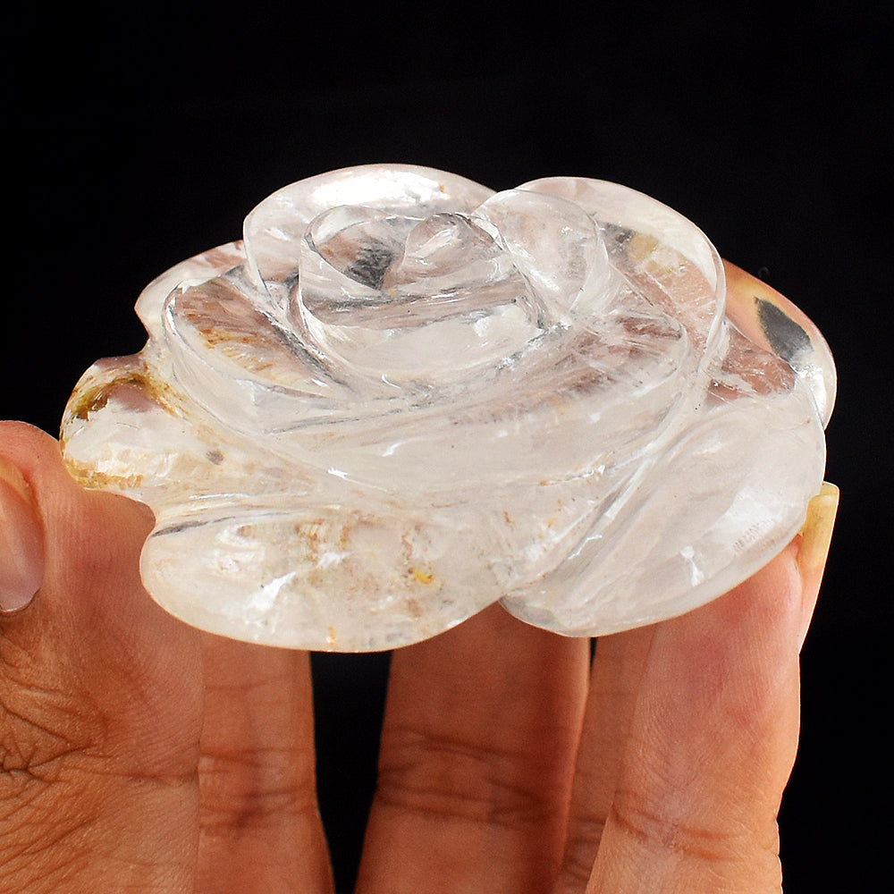 Natural 331.00 Cts Genuine White Quartz Hand  Carved  Crystal Rose  Flower Carving  Gemstone