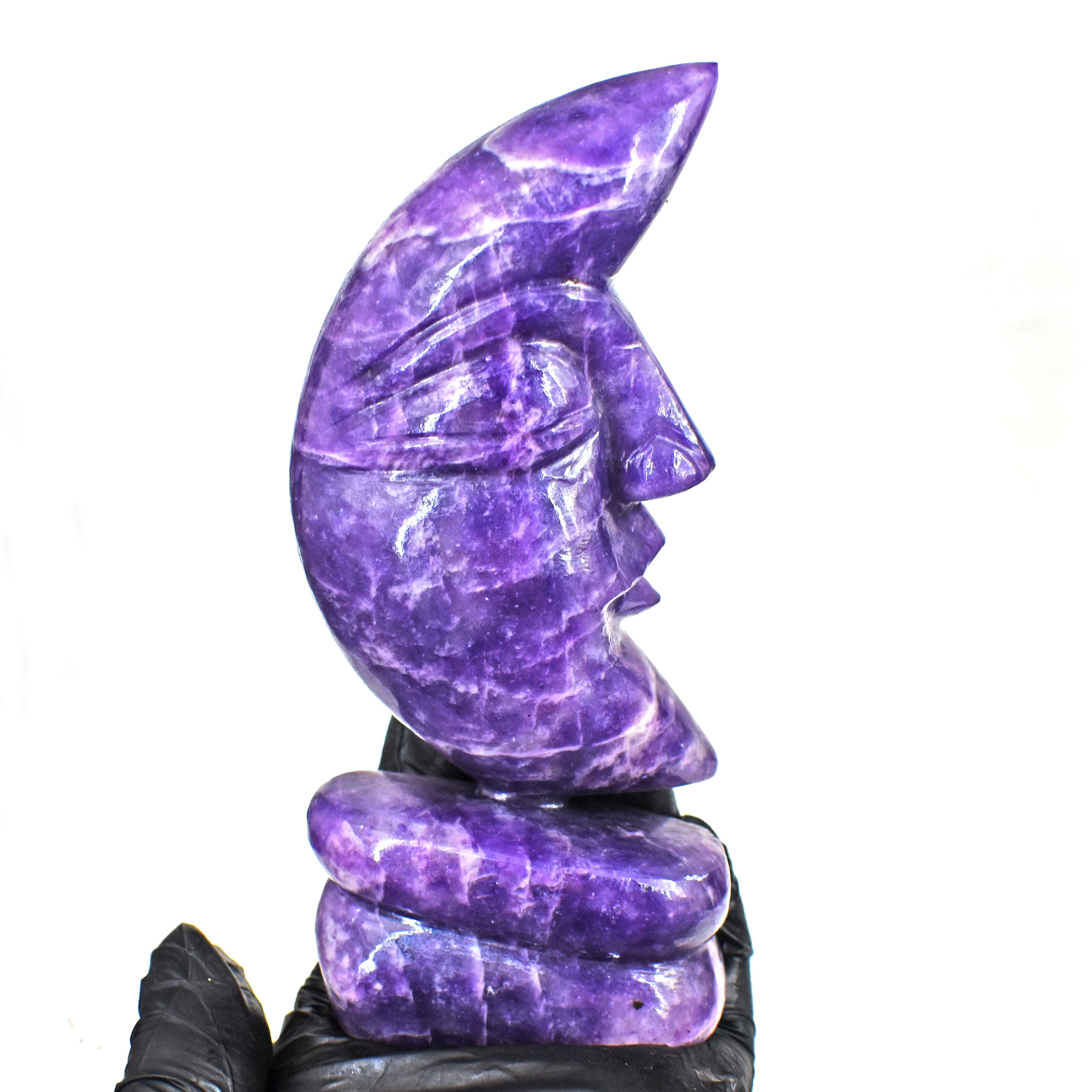 Natural 1419.00 Carats Genuine Chevron Amethyst Moon With Stand Hand Carved Gemstone Carving