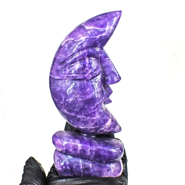 Natural 1419.00 Carats Genuine Chevron Amethyst Moon With Stand Hand Carved Gemstone Carving