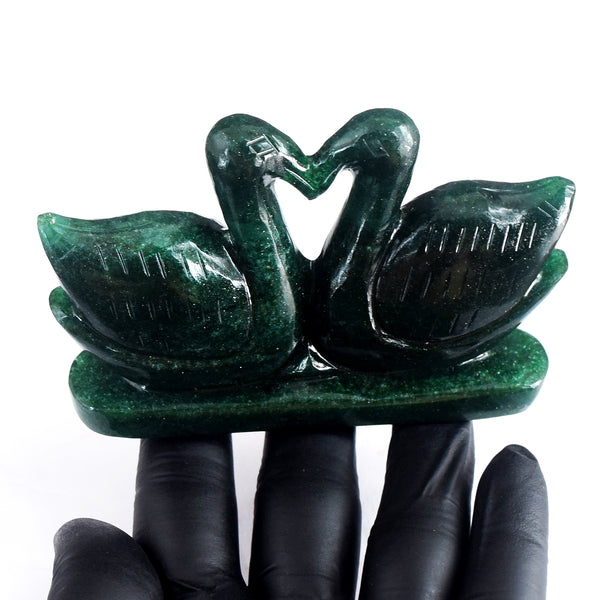 Pleasing 904.00 Cts Genuine Green Jade Carved Premium Love Swan Pair