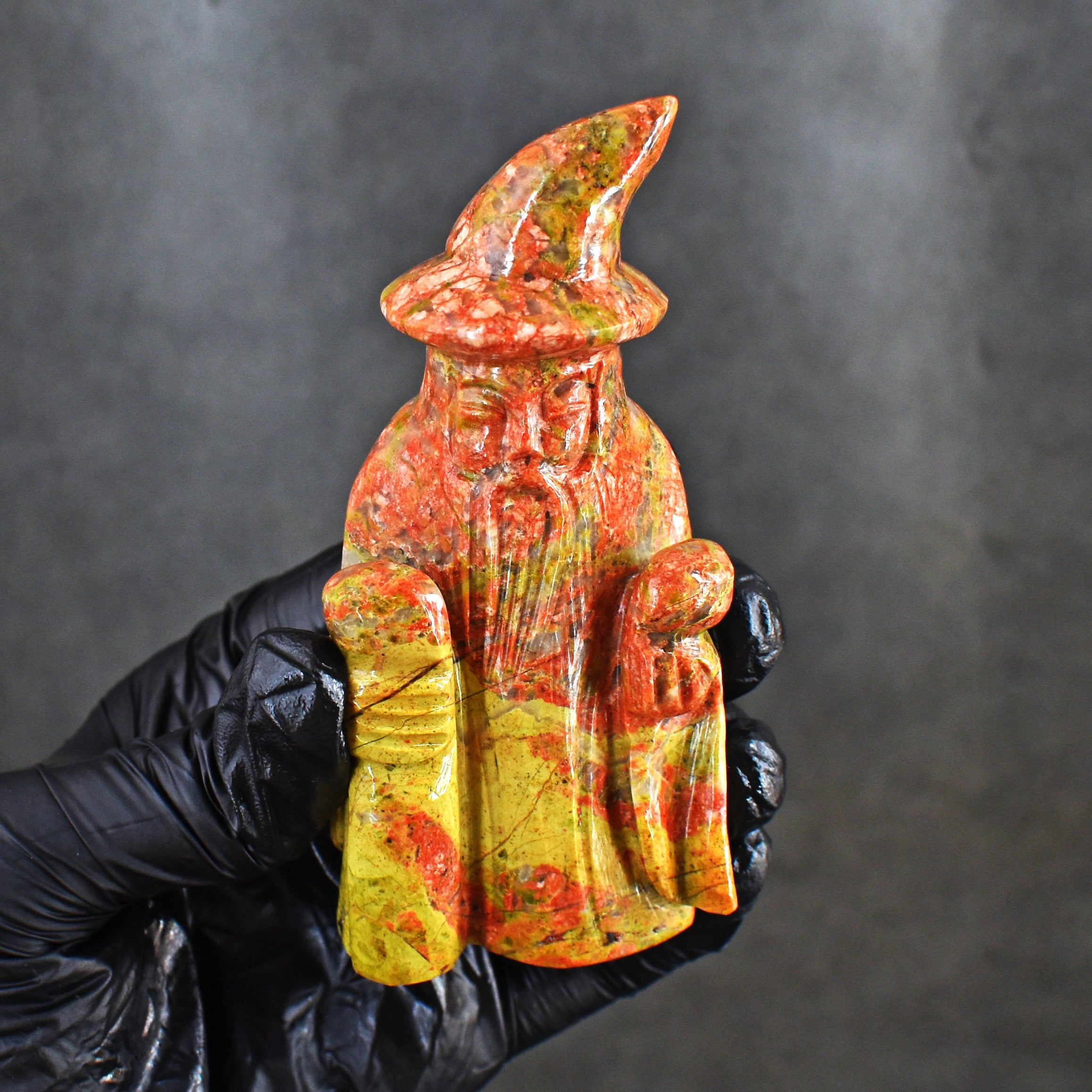 Beautiful 869.00 Cts Genuine Blood Green Unakite Hand Carved Gemstone Crystal Wizard Carving