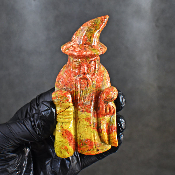 Beautiful 869.00 Cts Genuine Blood Green Unakite Hand Carved Gemstone Crystal Wizard Carving