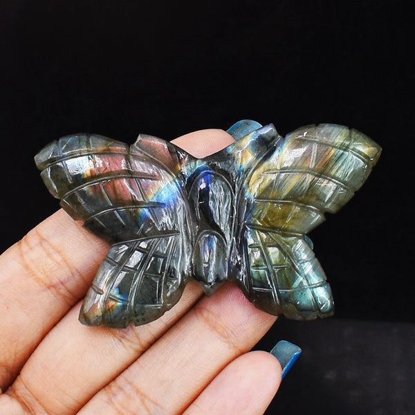Exclusive  87.00 Carats  Genuine Golden & Blue Flash Labradorite Hand Carved Crystal Gemstone Carving Butterfly