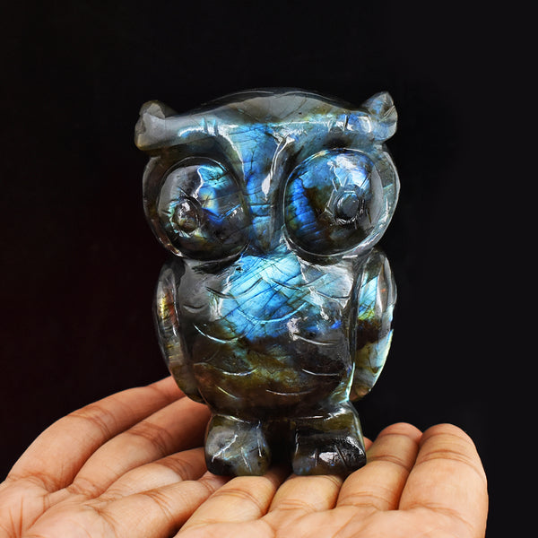 Awesome 1900.00  Cts  Genuine Amazing Flash Labradorite  Hand Carved Gemstone Owl Carving