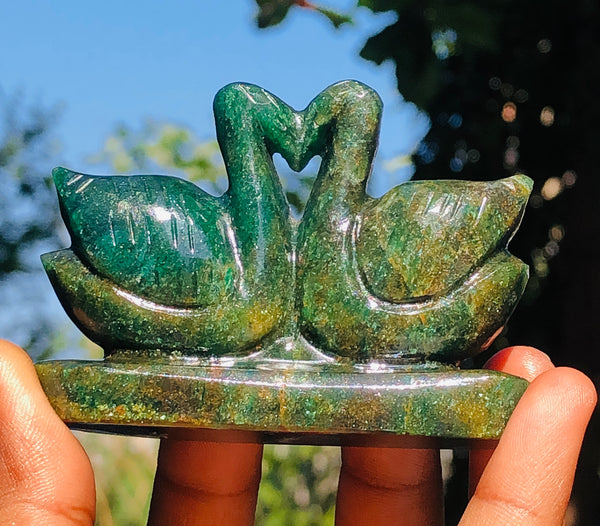 Precious 449.00 Cts Genuine Green Jade Love Carved Premium Swan Pair