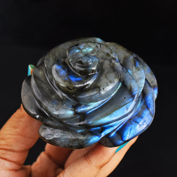 Gorgeous  1062.00 Carats  Blue  Flash  Labradorite  Hand  Carved  Rose Flower  Gemstone  Carving