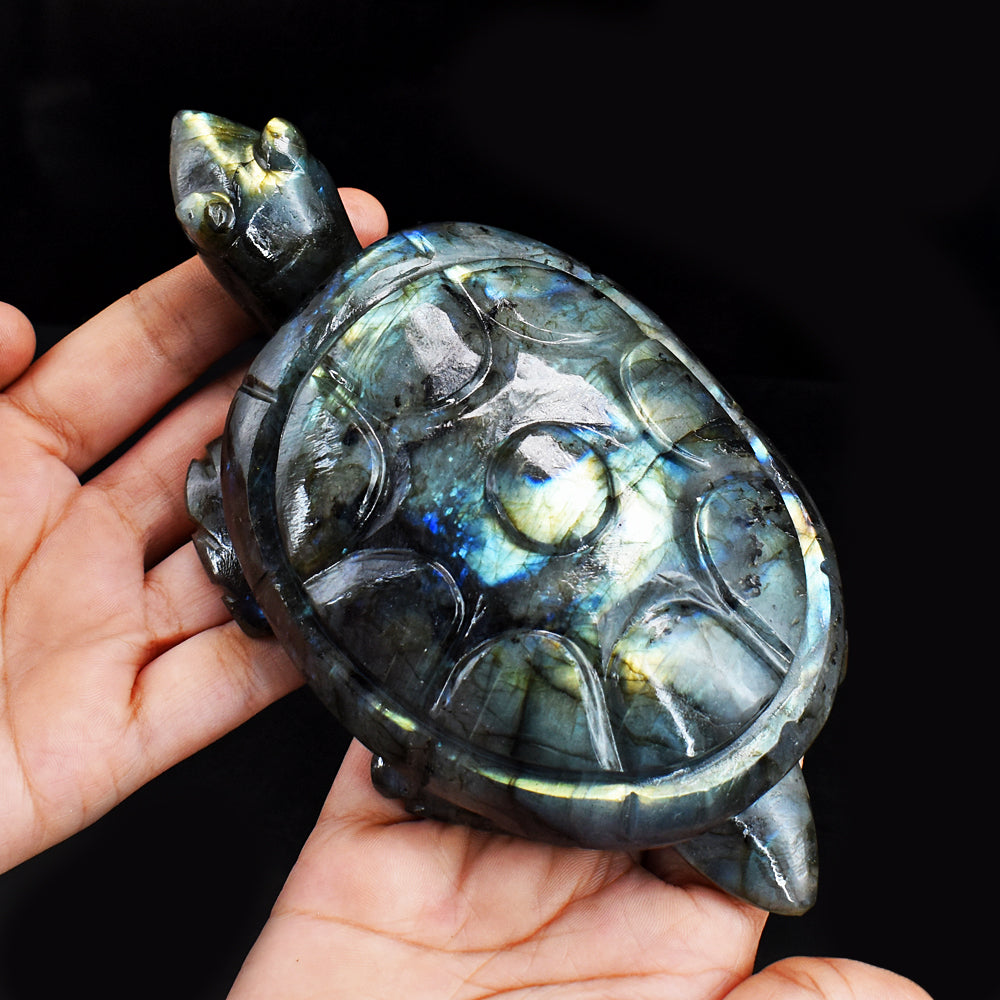 Exclusive 3122.00 Cts  Genuine Golden &  Blue Flash Labradorite Hand Carved  Crystal  Gemstone Turtle Carving