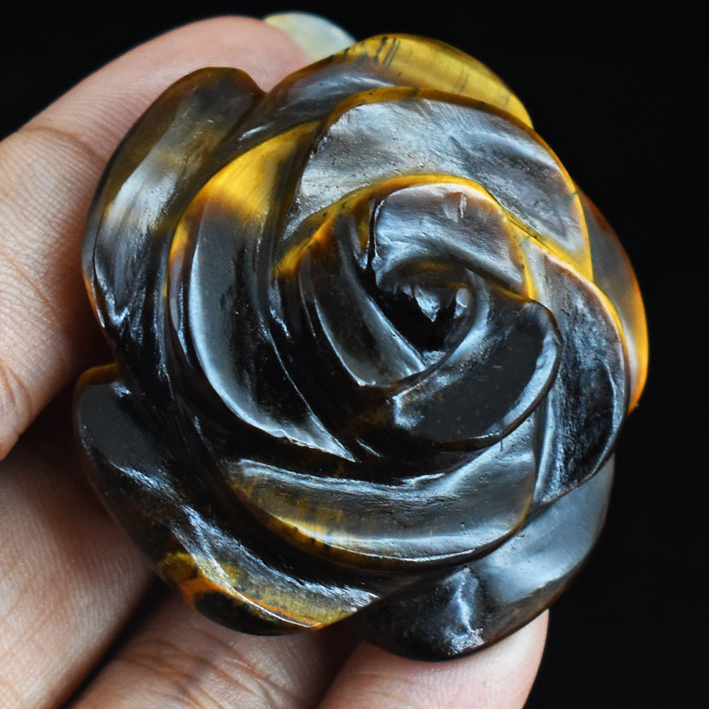 Artisian 207.00  Carats  Genuine  Golden Tiger Eye  Hand Carved  Rose  Flower  Gemstone  Carving