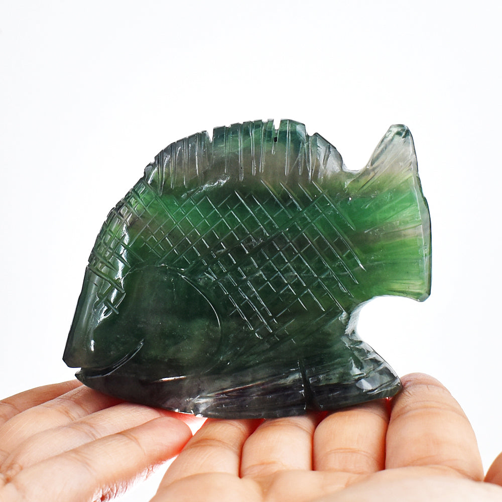 Amazing 1585.00 Cts Genuine Multicolor Fluorite Hand Carved  Crystal Gemstone Carving Fish