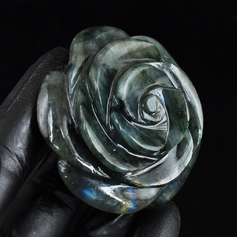 523.00 Cts Genuine Blue Flash Labradorite Hand Carved Rose Gemstone Crystal Carving