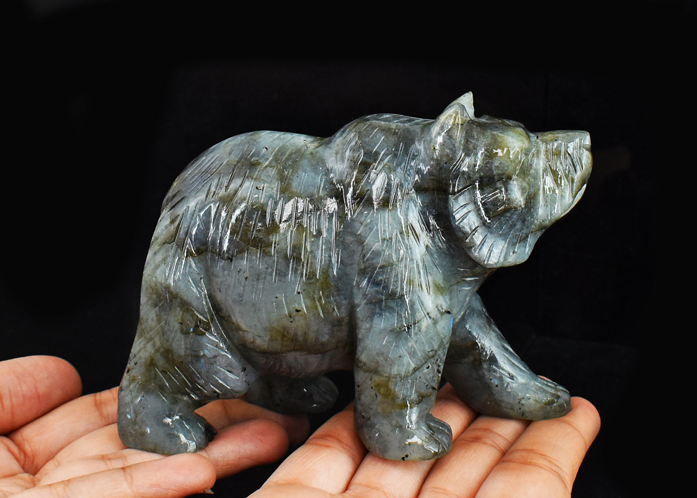 Exclusive  2901.00  Cts Genuine Amazing Flash Labradorite Hand  Carved  Bear  Gemstone  Carving