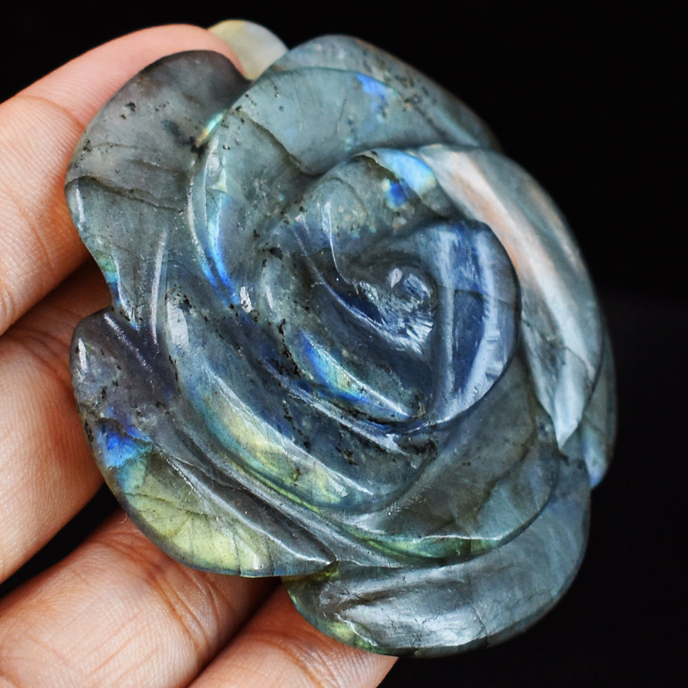 Amazing  Flash Labradorite  284.00 Carats  Genuine  Hand Carved  Gemstone  Rose Flower Carving