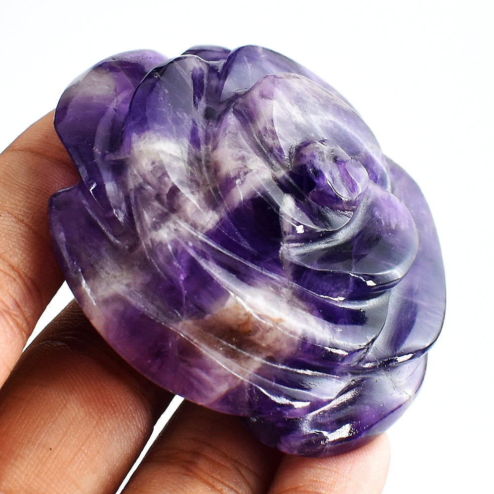 Exclusive  391.00 Carats  Genuine  Amethyst  Hand  Carved Rose  Flower  Gemstone  Carving