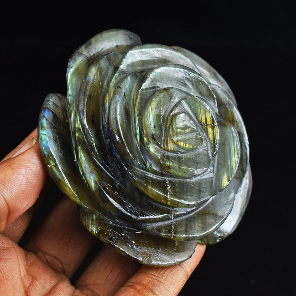 Golden  Flash Labradorite  988.00 Carats Genuine  Hand Carved Gemstone Rose Flower Carving