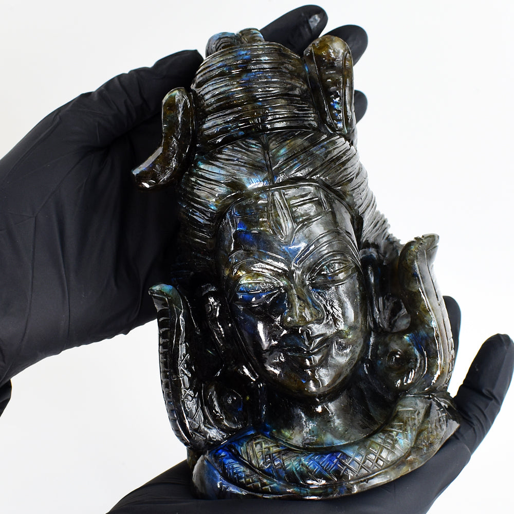 Brilliant  7804.00 Cts Genuine Blue Flash Labradorite Hand Carved Gemstone Shiva Head Carving