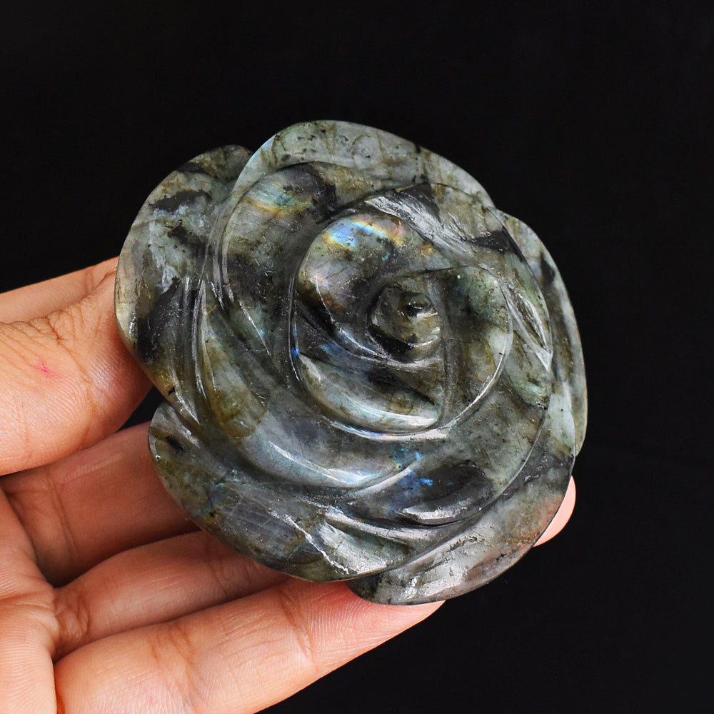 Exclusive 569.00 Cts Genuine Blue & Golden Flash Labradorite Hand Carved Rose Flower Gemstone Carving