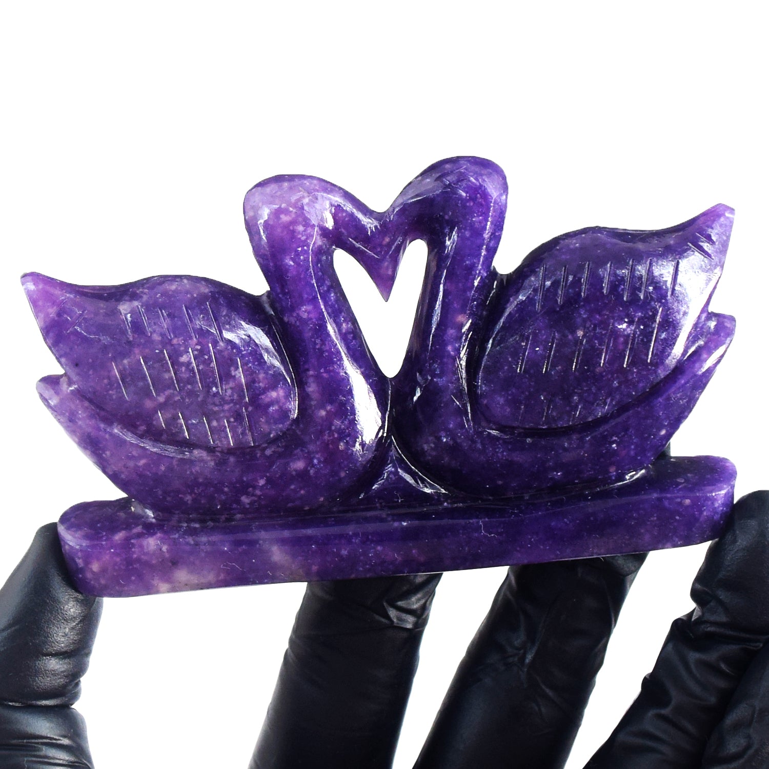 Awesome 680.00 Cts Genuine Lepidolite Carved Love Swan Pair Premium