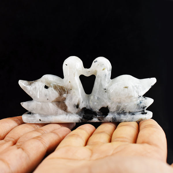 Awesome 593.00 Cts  Blue Flash Moonstone Hand Carved Crystal Swan Pair Gemstone Carving
