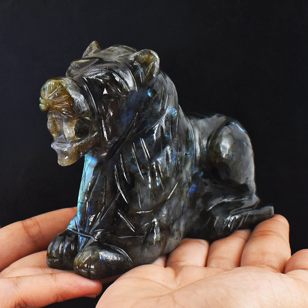 Exclusive 3483.00 Carats Genuine Blue Flash Labradorite Hand Carved Lion Gemstone Carving
