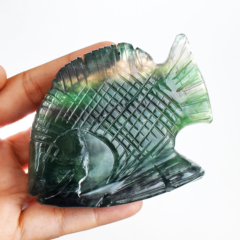 Amazing 1585.00 Cts Genuine Multicolor Fluorite Hand Carved  Crystal Gemstone Carving Fish