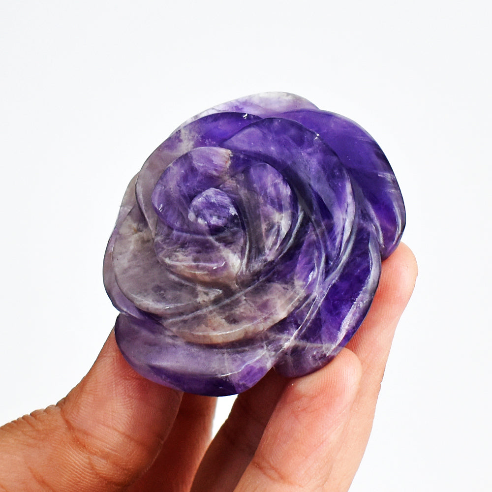 Beautiful  346.00  Carats Genuine  Amethyst  Hand  Carved Crystal  Rose  Flower  Gemtone  Carving
