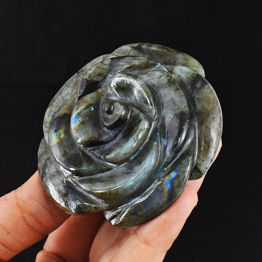 Exclusive 569.00 Cts Genuine Blue & Golden Flash Labradorite Hand Carved Rose Flower Gemstone Carving