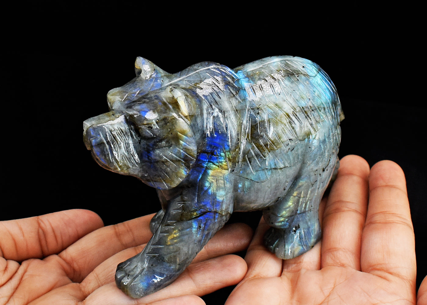 Exclusive  2901.00  Cts Genuine Amazing Flash Labradorite Hand  Carved  Bear  Gemstone  Carving