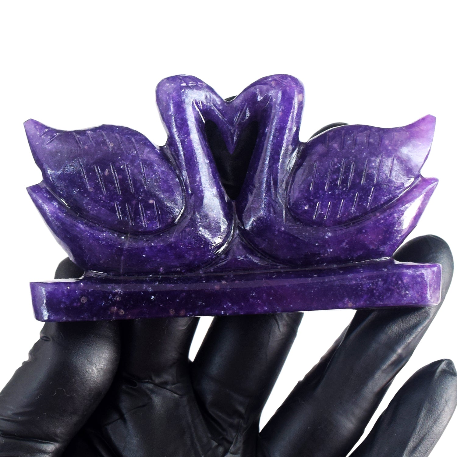 Awesome 680.00 Cts Genuine Lepidolite Carved Love Swan Pair Premium