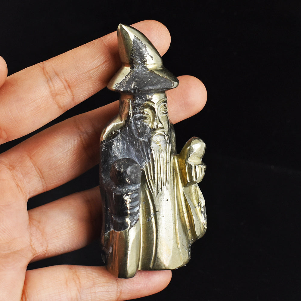 Exclusive  869.00 Carats Genuine Pyrite  Hand Carved Crystal Gemstone Wizard Carving