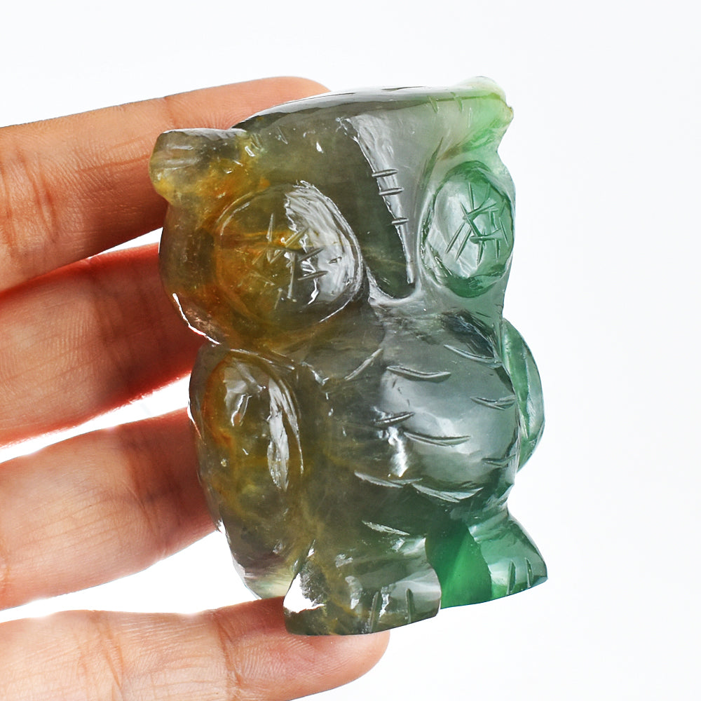 Artisian 949.00 Cts Genuine Multicolor Fluorite Hand Carved Crystal Gemstone Owl Carving