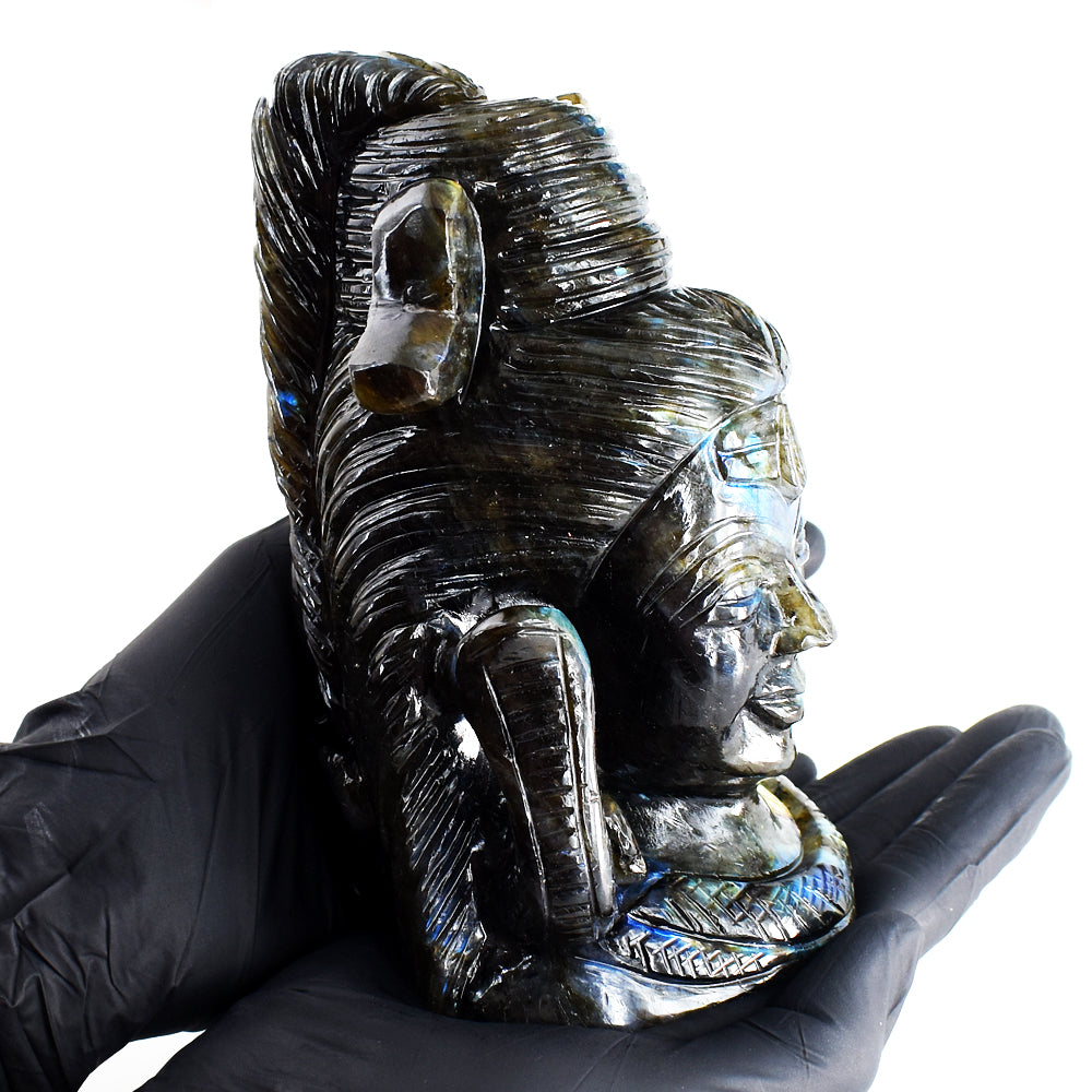 Brilliant  7804.00 Cts Genuine Blue Flash Labradorite Hand Carved Gemstone Shiva Head Carving