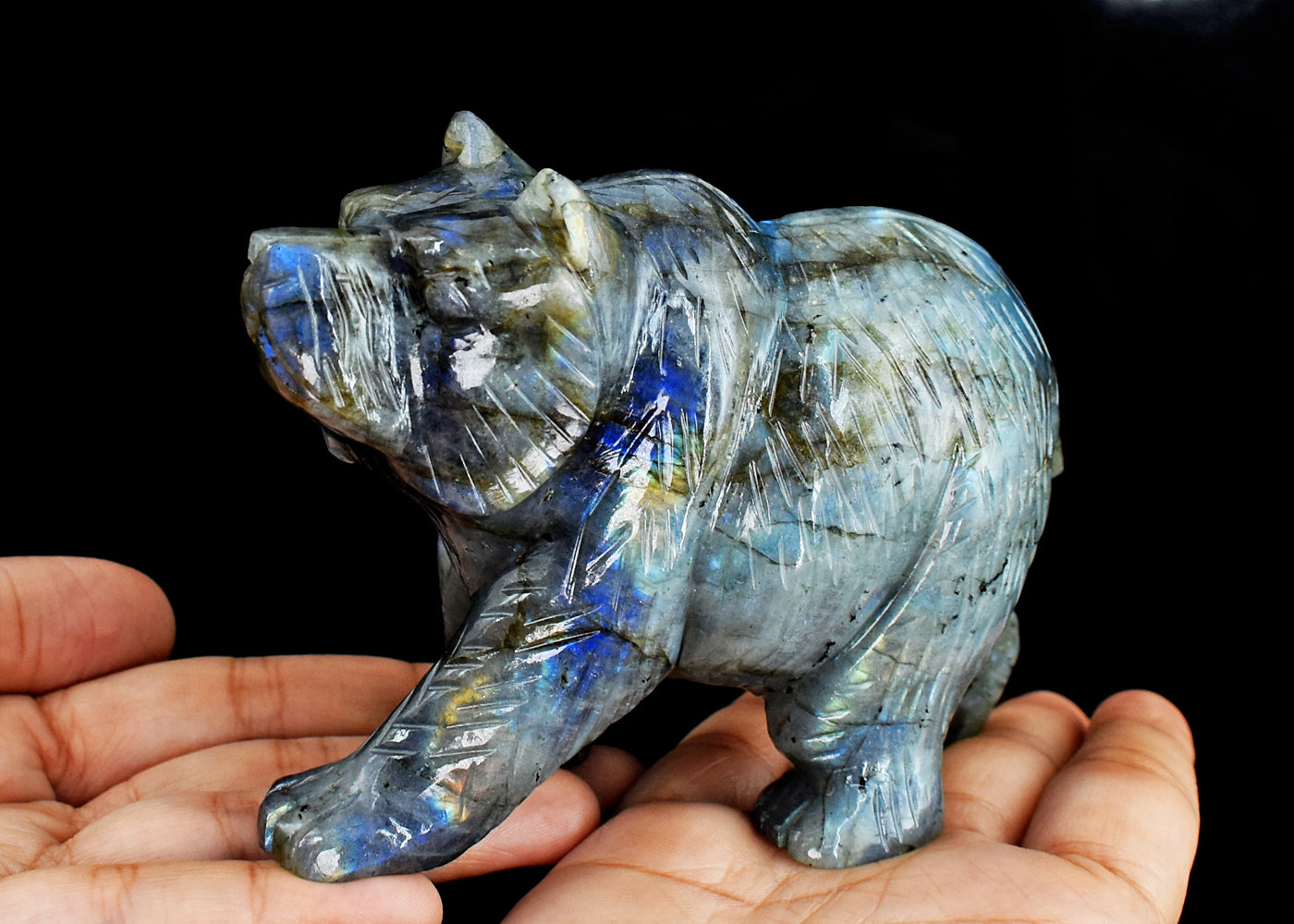 Exclusive  2901.00  Cts Genuine Amazing Flash Labradorite Hand  Carved  Bear  Gemstone  Carving