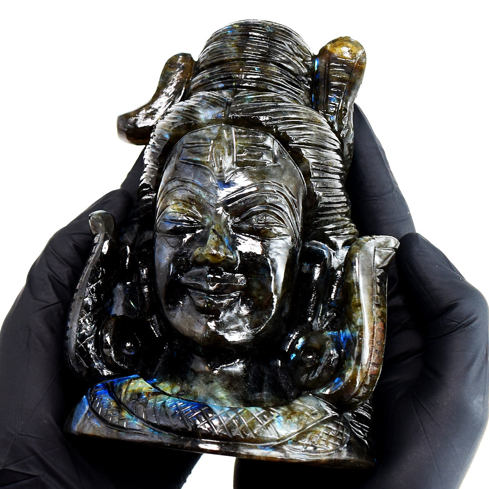 Brilliant  7804.00 Cts Genuine Blue Flash Labradorite Hand Carved Gemstone Shiva Head Carving