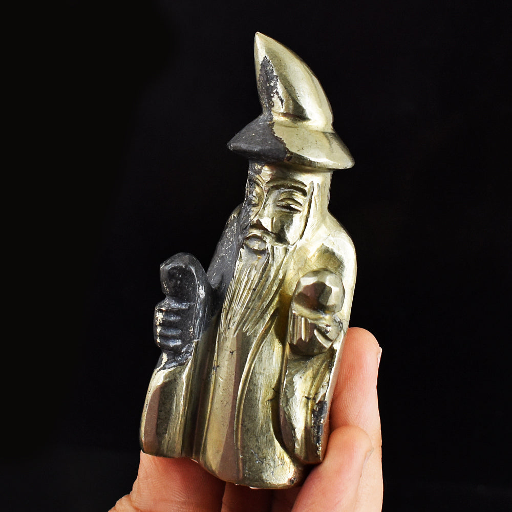 Exclusive  869.00 Carats Genuine Pyrite  Hand Carved Crystal Gemstone Wizard Carving