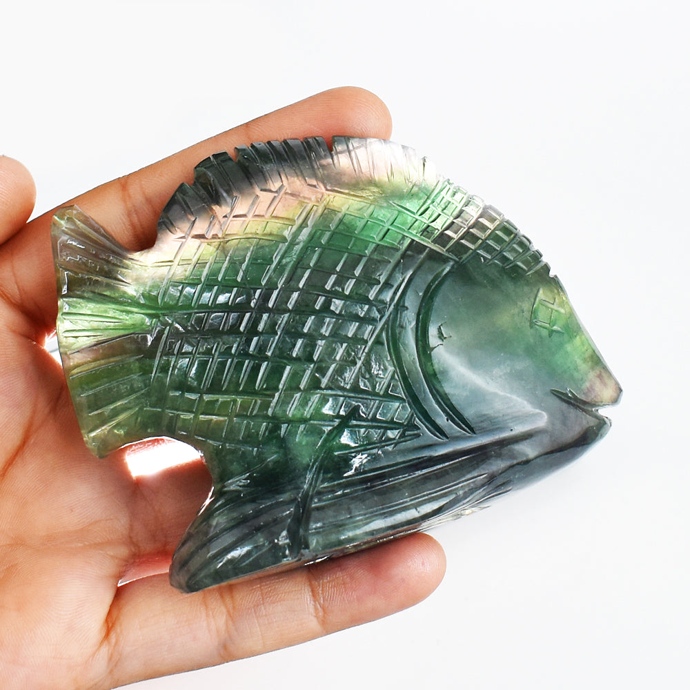 Amazing 1585.00 Cts Genuine Multicolor Fluorite Hand Carved  Crystal Gemstone Carving Fish