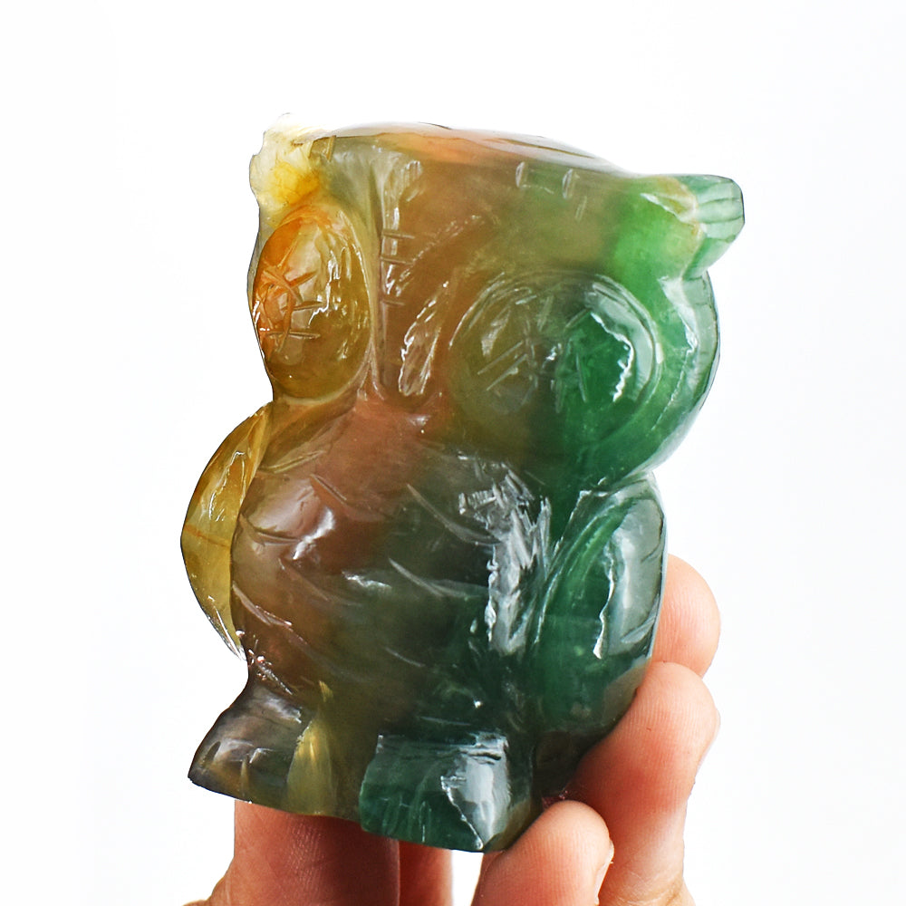 Artisian 949.00 Cts Genuine Multicolor Fluorite Hand Carved Crystal Gemstone Owl Carving