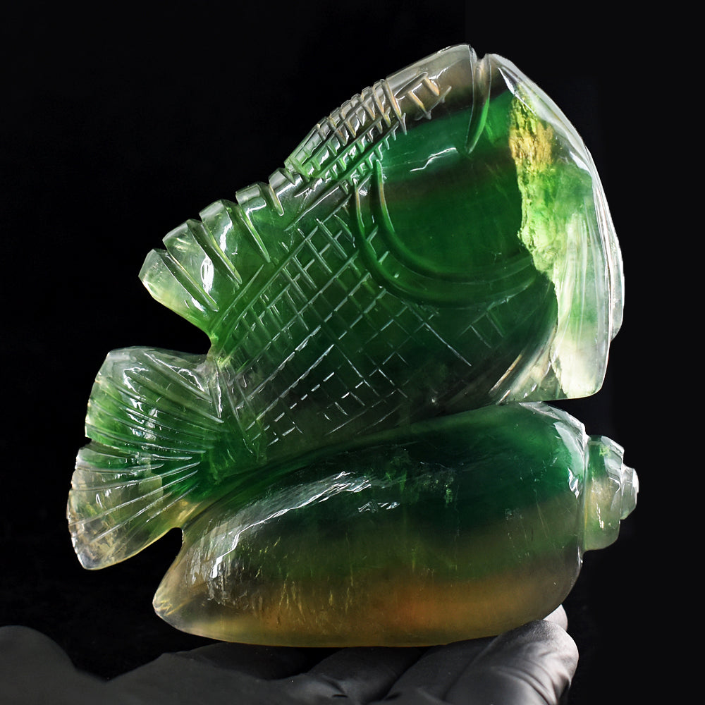 Artisian 2650.00 Cts Genuine Multicolor Fluorite Hand Carved Gemstone Fish Crystal Carving