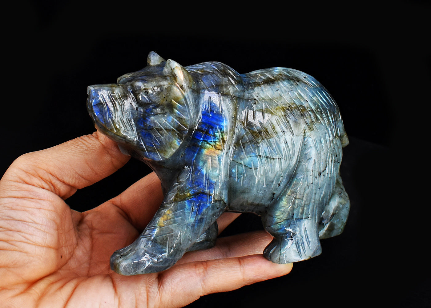Exclusive  2901.00  Cts Genuine Amazing Flash Labradorite Hand  Carved  Bear  Gemstone  Carving