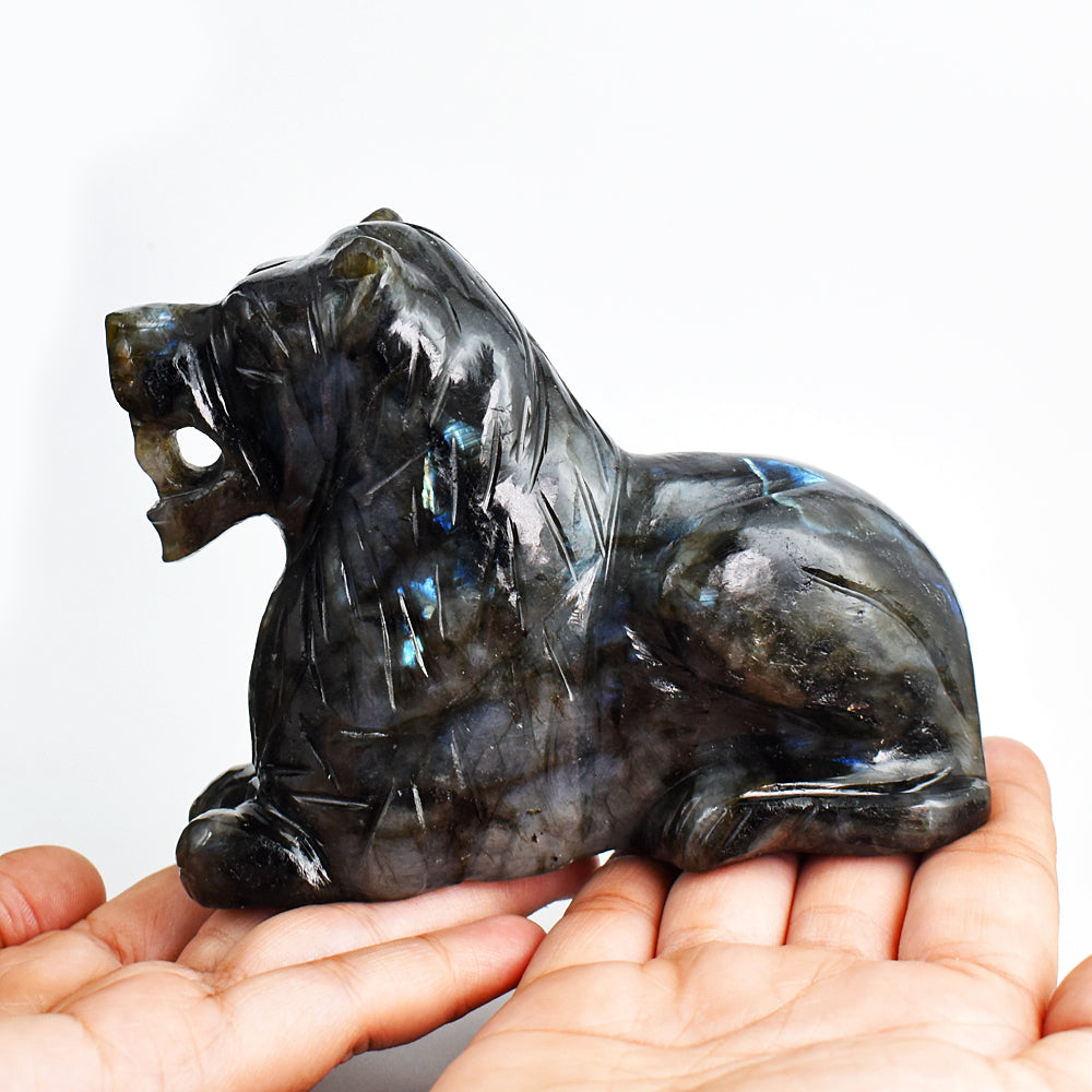 Exclusive 3483.00 Carats Genuine Blue Flash Labradorite Hand Carved Lion Gemstone Carving