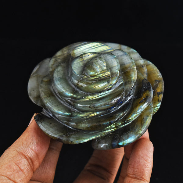 Golden  Flash Labradorite  988.00 Carats Genuine  Hand Carved Gemstone Rose Flower Carving