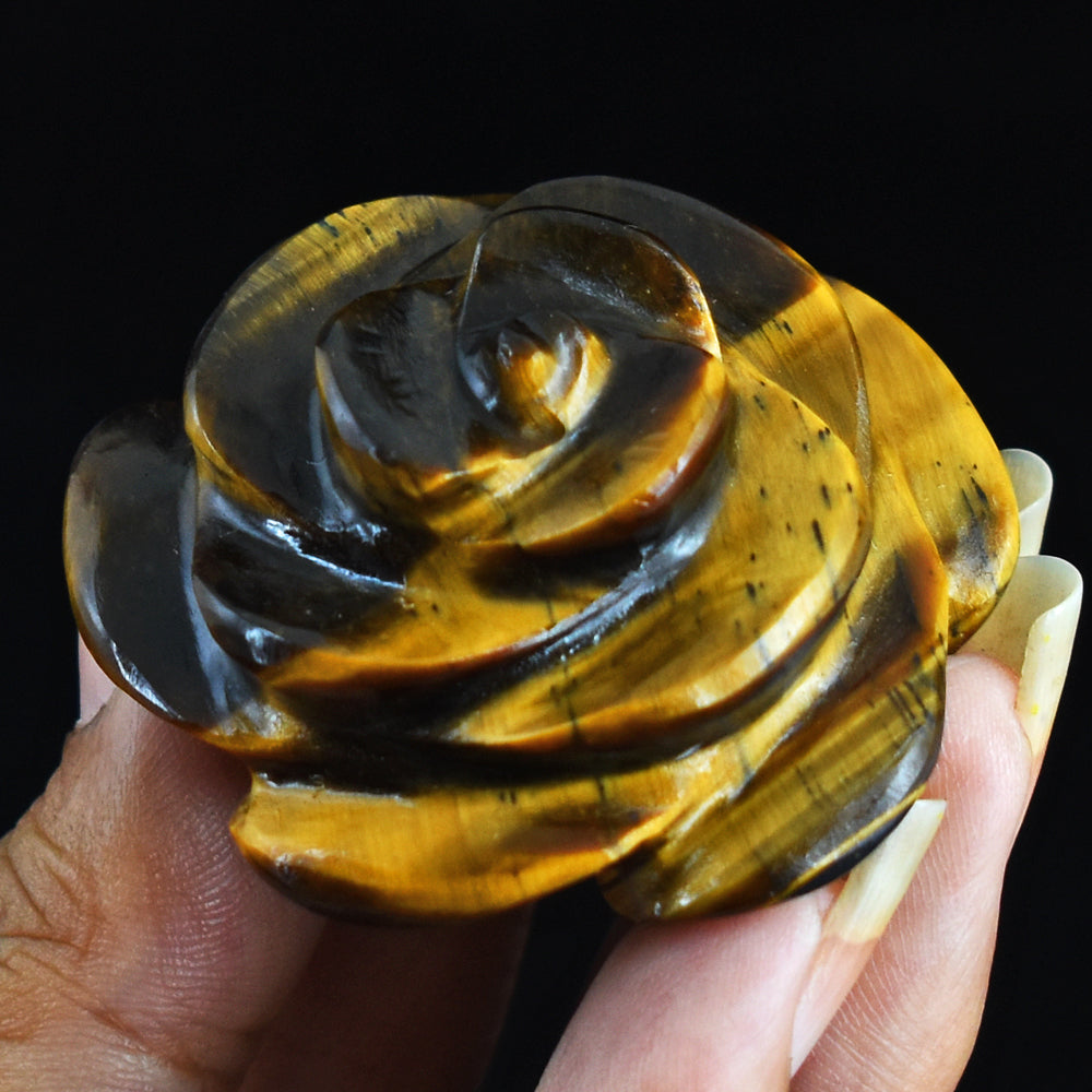 Artisian 207.00  Carats  Genuine  Golden Tiger Eye  Hand Carved  Rose  Flower  Gemstone  Carving