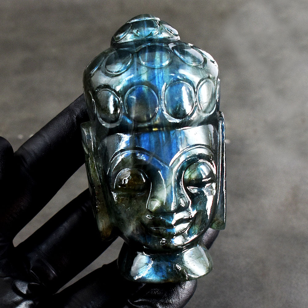 Gorgeous 1080.00 Cts Genuine Blue Flash Labradorite Hand Carved Crystal Gemstone Buddha Head Carving