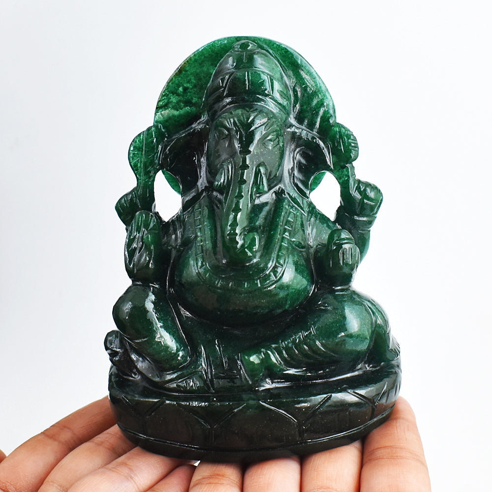 Stunning 3527.00 Cts  Genuine Green Jade Hand Carved Crystal Lord Ganesha Gemstone Carving